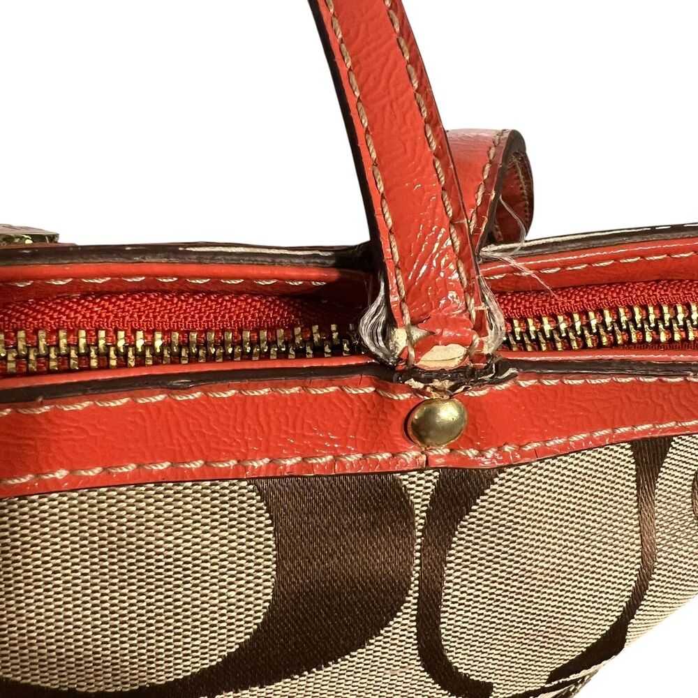 Coach Tote Bag Womens Medium Brown Signature Avary Canvas Orange Patent Trim - Picture 13 of 15